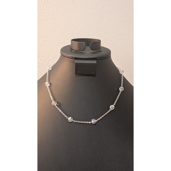 Swarovski Crystal Beaded Sterling Silver Chain Necklace Silver Tone Heart Clasp - Picture 2 of 7